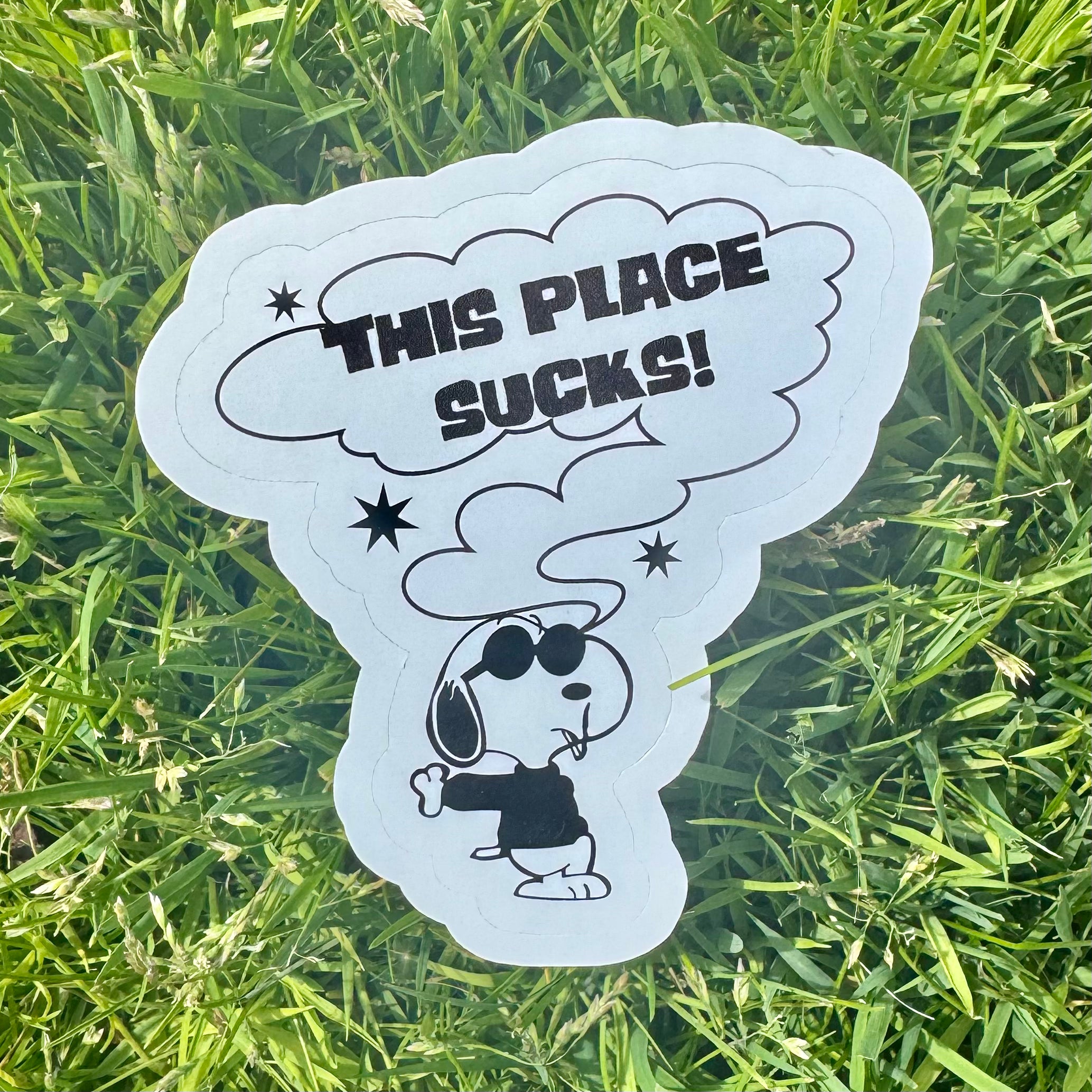 this place sucks! snoopy sticker